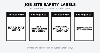 Job site safety label set on outdoor-grade vinyl showing hard hat area, eye protection, hearing protection and high-visibility vest labels at 4 x 6 inches each