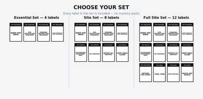 Choose a job site safety label set: Essential 4 labels, Site 8 labels or Full Site 12 labels, each label 4 x 6 inches in matte or reflective vinyl