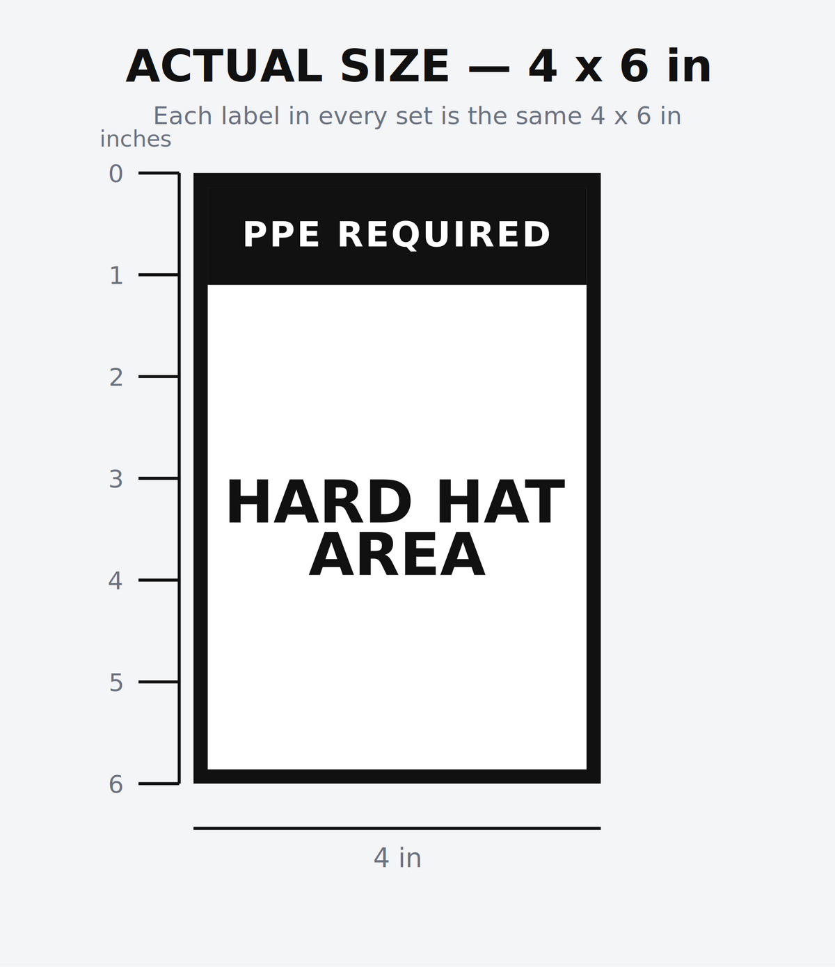 Job site safety label shown at actual size against an inch scale, 4 inches wide by 6 inches tall on outdoor-grade vinyl