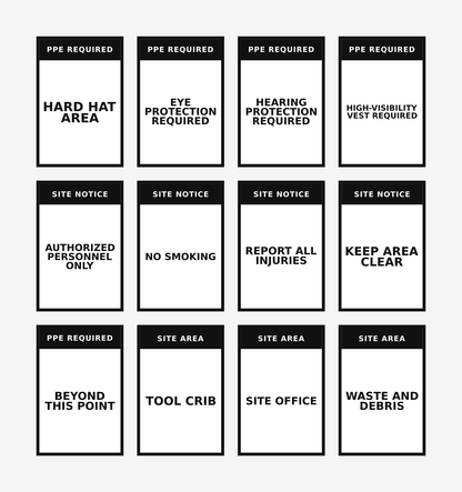 All twelve job site safety labels in the Full Site set: hard hat area, eye protection, hearing protection, high-visibility vest, authorized personnel only, no smoking, report all injuries, keep area clear, PPE required beyond this point, tool crib, site office, and waste and debris