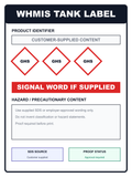 WHMIS tank label template with product identifier, hazard symbol placeholders and customer-supplied content fields