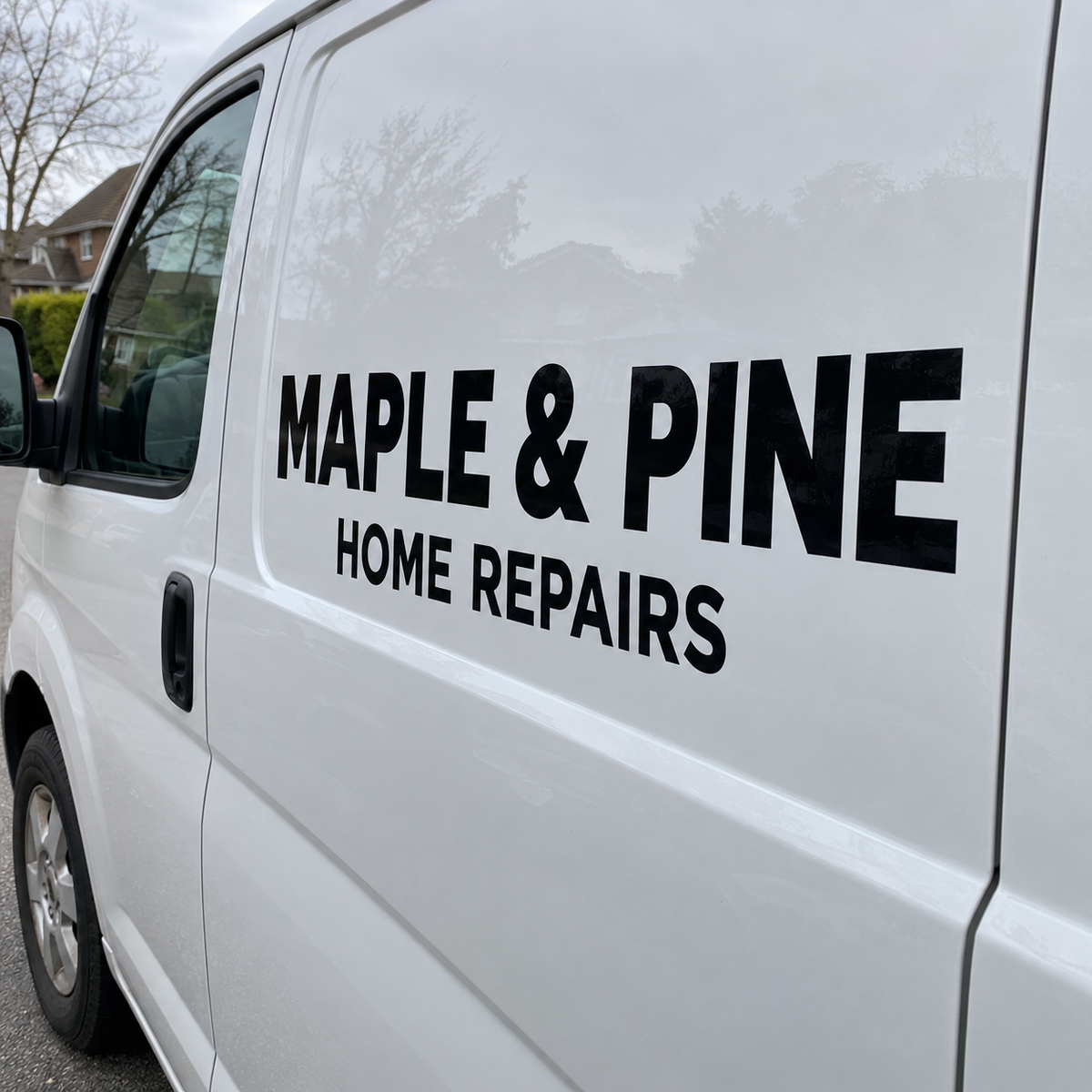Black cut vinyl lettering on the side door of a white work van