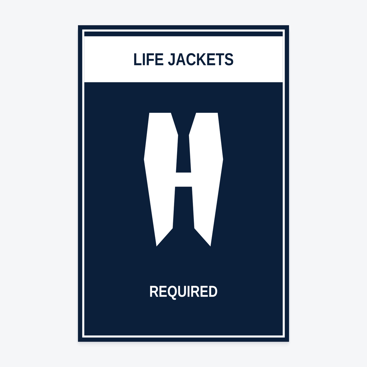 Life Jackets Required Marina Sign — LIFE JACKETS / REQUIRED wording rendered from the production template, shown at 12×18 in