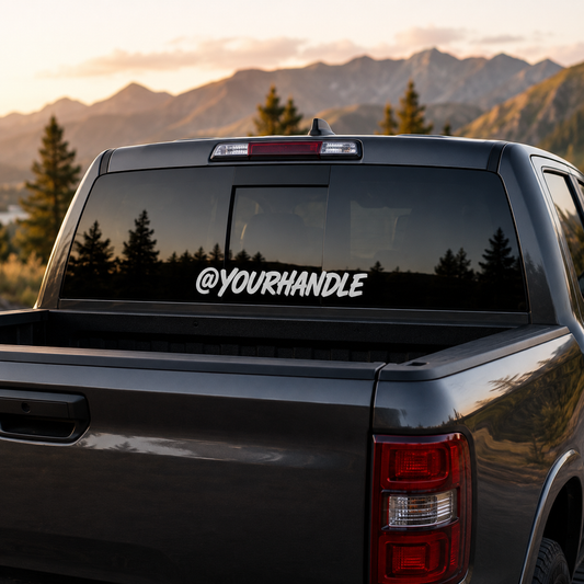 Custom social handle decal on pickup truck rear window — Sticker Canada