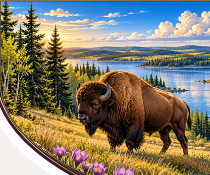 Manitoba badge decal close-up of the bison, prairie crocuses and lake