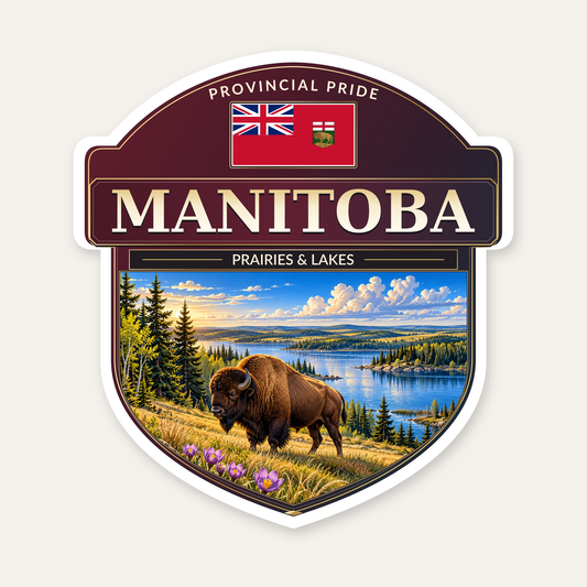 Manitoba badge decal, bison shield design with Manitoba flag panel