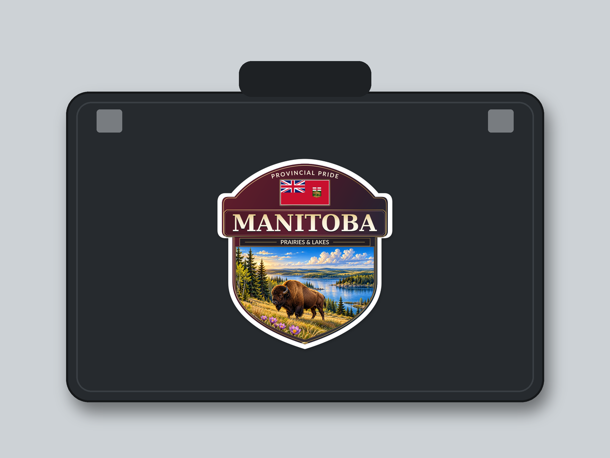 Manitoba badge decal applied to a dark hard equipment case