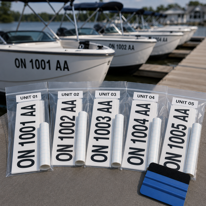 Marina fleet boat registration kits prepared for application