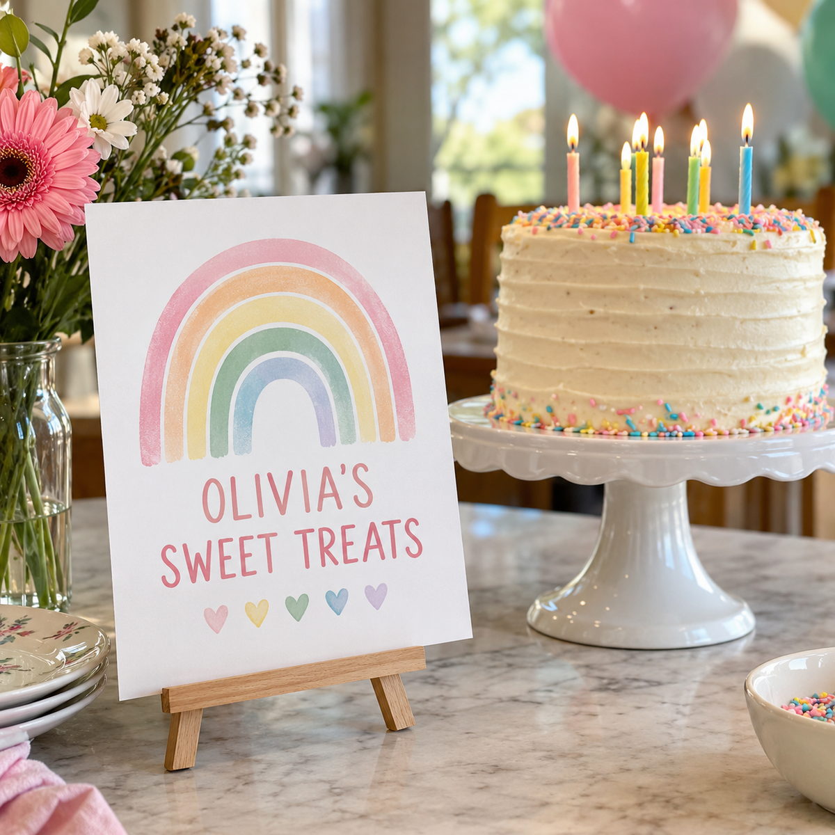 Olivia's Sweet Treats rainbow sign on an easel beside a birthday cake.