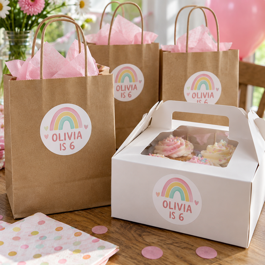 Round Olivia Is 6 rainbow stickers on paper favour bags and a cupcake box.