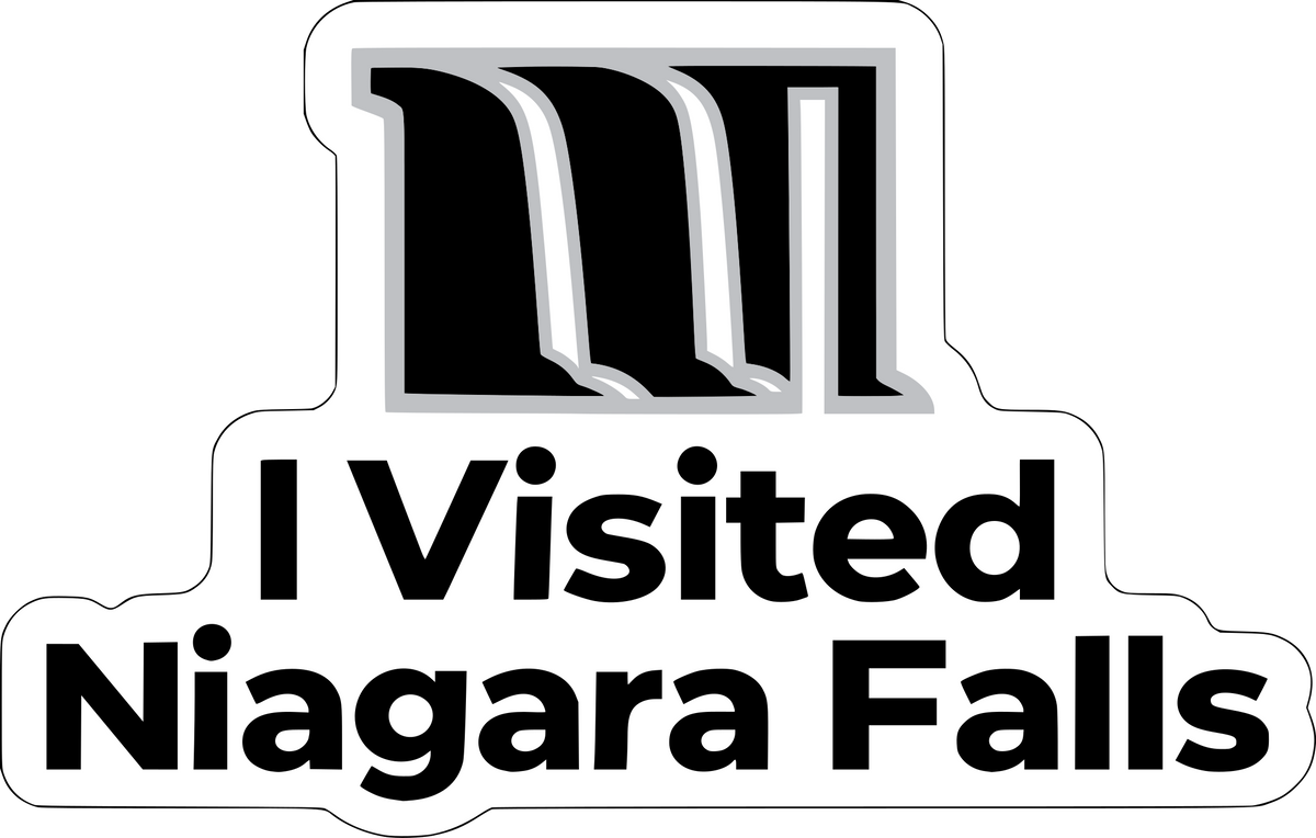 I Visited Niagara Falls souvenir sticker — black artwork with silver-ink accents on white; screen simulation of metallic appearance