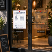 Coffee shop entrance with a business hours window decal on the glass