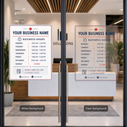 Office door with a printed business hours decal applied inside the glass
