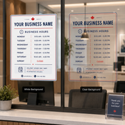 Office glass panel showing a clear film business hours decal