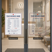 Dental clinic entrance with a white film business hours decal