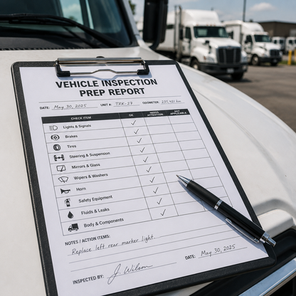 Vehicle inspection preparation report on a clipboard