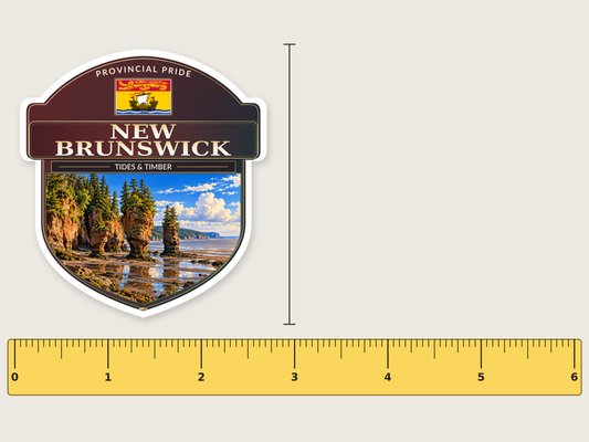 New Brunswick badge decal, 3 in size beside a 6 in ruler