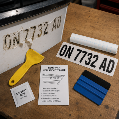 Used-boat decal removal and replacement kit