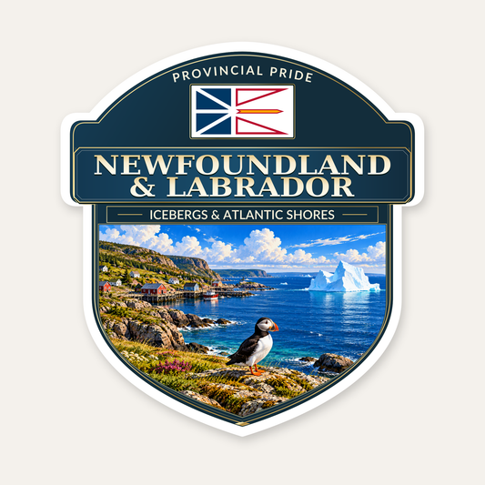 Newfoundland and Labrador badge decal, shield design with the Newfoundland and Labrador flag panel