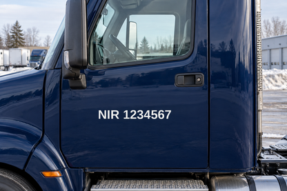 White NIR number decal on the door of a navy blue truck cab, example number