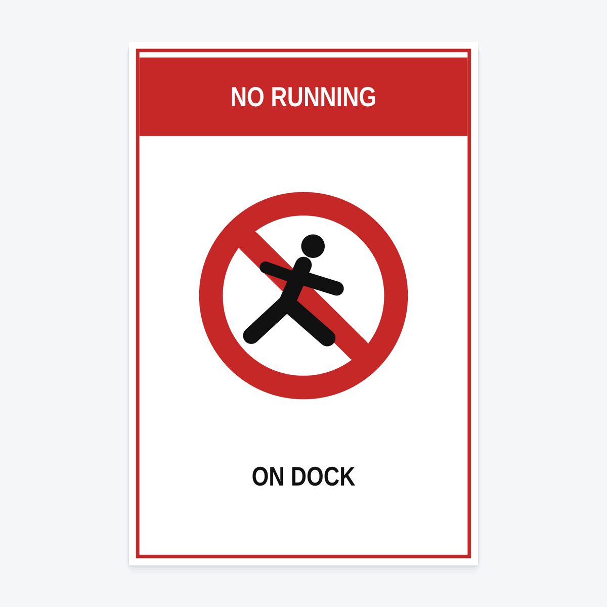 No Running On Dock Sign as a printed outdoor vinyl decal, 12×18 in