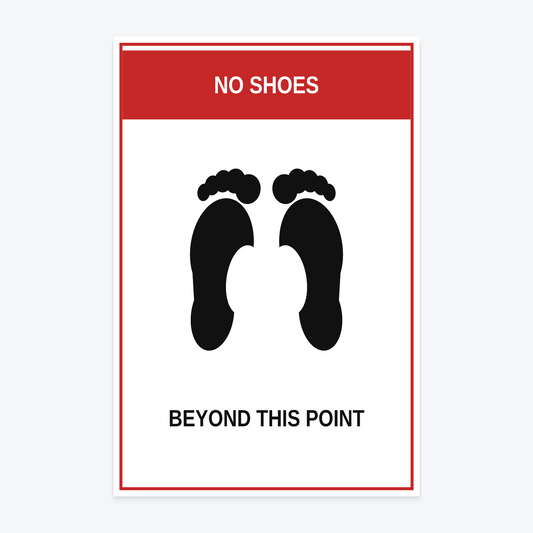 No Shoes Beyond This Point Marina Sign — NO SHOES / BEYOND THIS POINT wording rendered from the production template, shown at 12×18 in