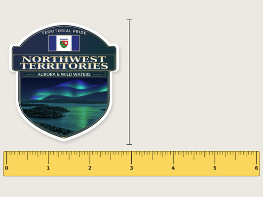 Northwest Territories badge decal, 3 in size beside a 6 in ruler
