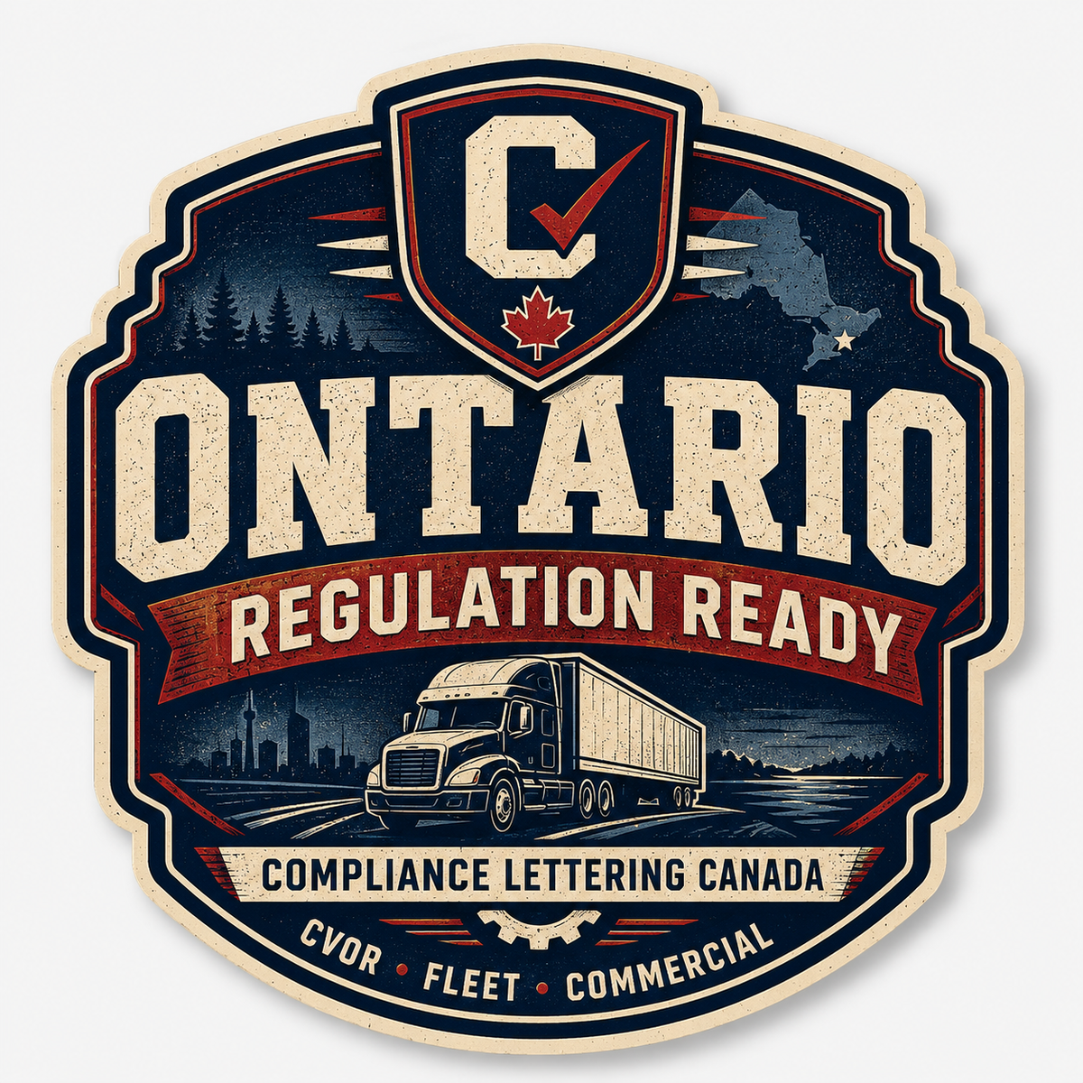 Ontario Regulation Ready badge — CVOR fleet commercial compliance lettering Canada