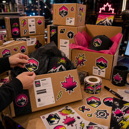Branded stickers for mailer boxes and packaging, printed in Canada