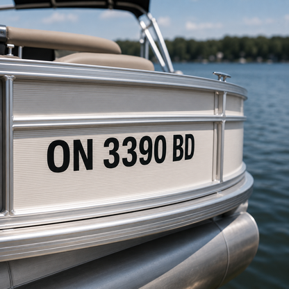 Pontoon boat registration numbers reading ON 3390 BD in black cut vinyl on the forward fence panel of a pontoon boat on a sunny lake
