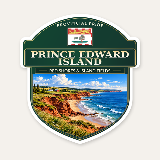 Prince Edward Island badge decal, shield design with the Prince Edward Island flag panel