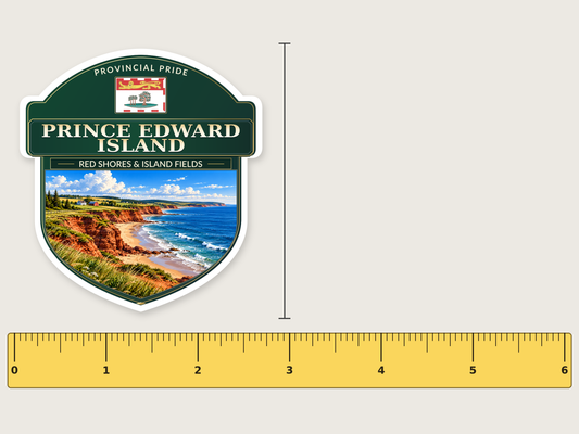 Prince Edward Island badge decal, 3 in size beside a 6 in ruler