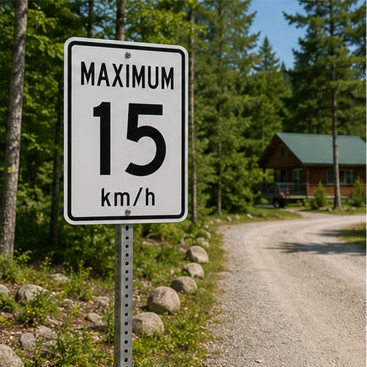 Aluminum MAXIMUM 15 km/h speed-limit sign mounted at the entrance to a private gravel road in Ontario cottage country.