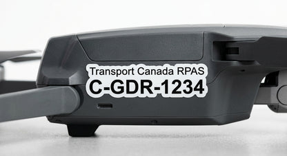 Close up of drone registration label showing registration number