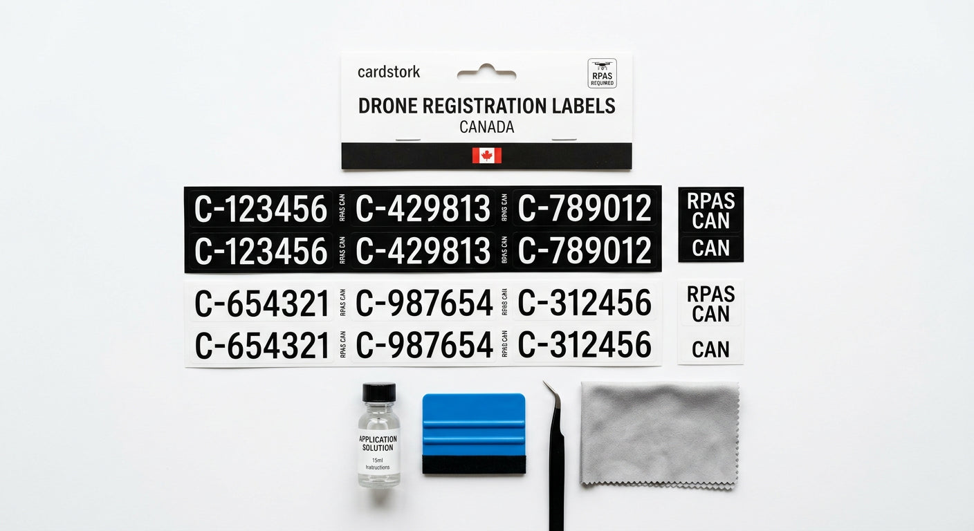 Drone registration labels applied to a black quadcopter frame