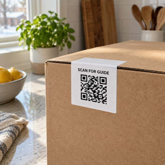 A Scan for Guide QR label on a plain appliance box in a kitchen.