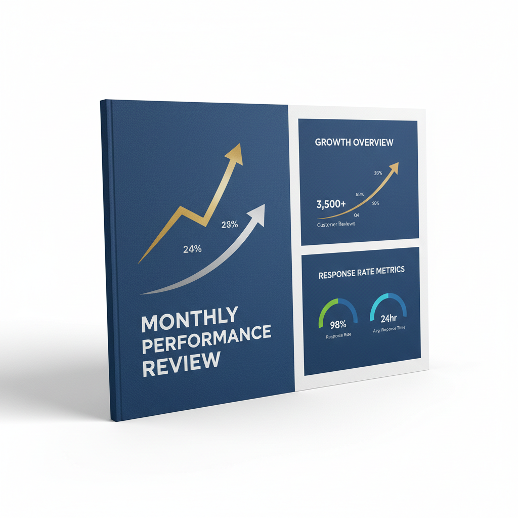 Canadian business owner receiving monthly review performance summary — CAN-TAP review management tracking new 5-star reviews