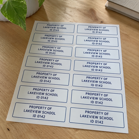 A sheet of rectangular Property Of Lakeview School labels.