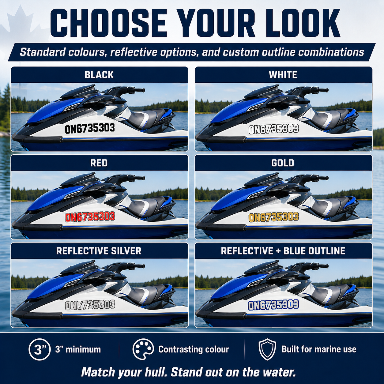 PWC registration decal colour options showing black white red gold reflective silver and blue outline choices