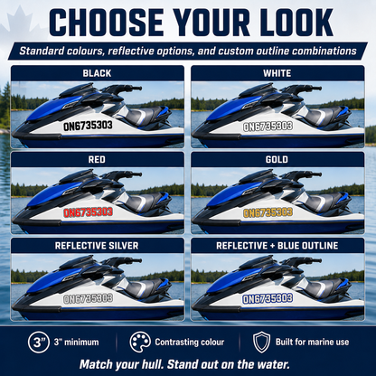 PWC registration decal colour options showing black white red gold reflective silver and blue outline choices