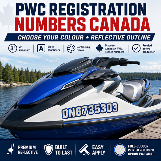 PWC registration numbers Canada decal with custom colour and reflective outline on blue and white watercraft