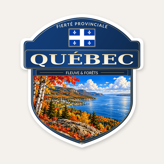 Quebec badge decal, shield design with the Quebec flag panel