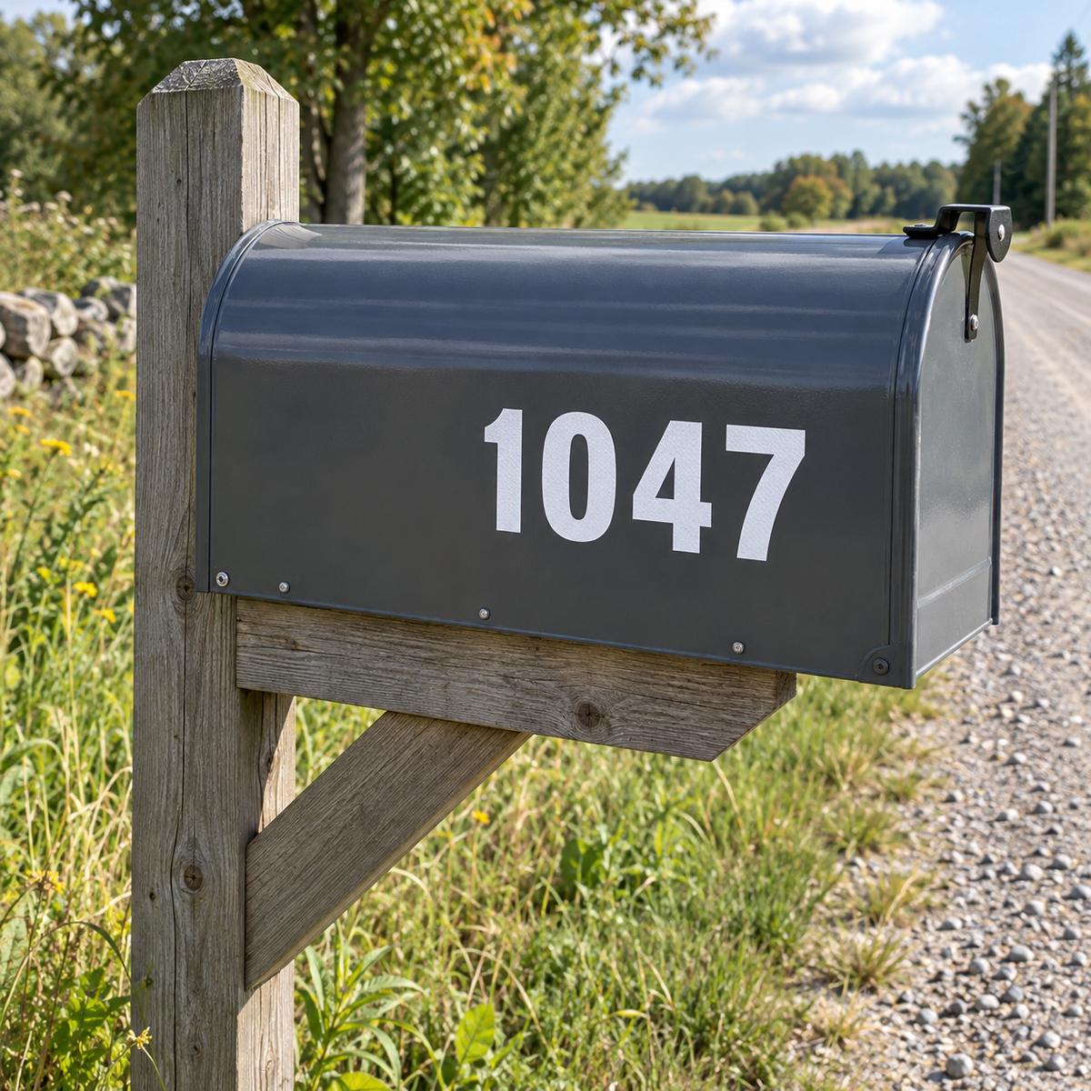 White reflective vinyl numbers 1047 on a dark grey rural mailbox mounted on a wooden post beside an Ontario gravel road.