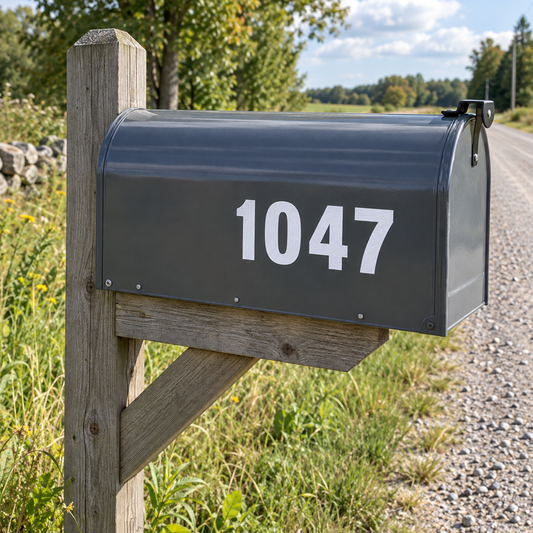 White reflective vinyl numbers 1047 on a dark grey rural mailbox mounted on a wooden post beside an Ontario gravel road.