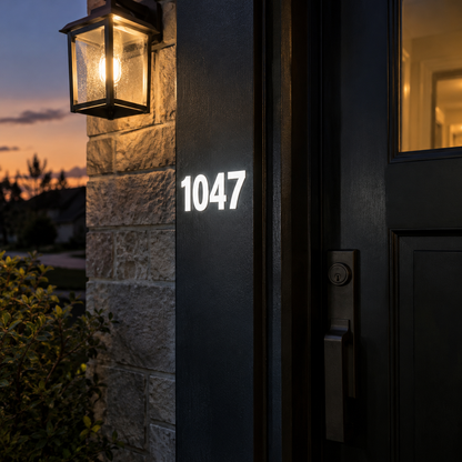White reflective vinyl numbers 1047 shine in headlights on a dark front door frame beside a porch light at dusk.