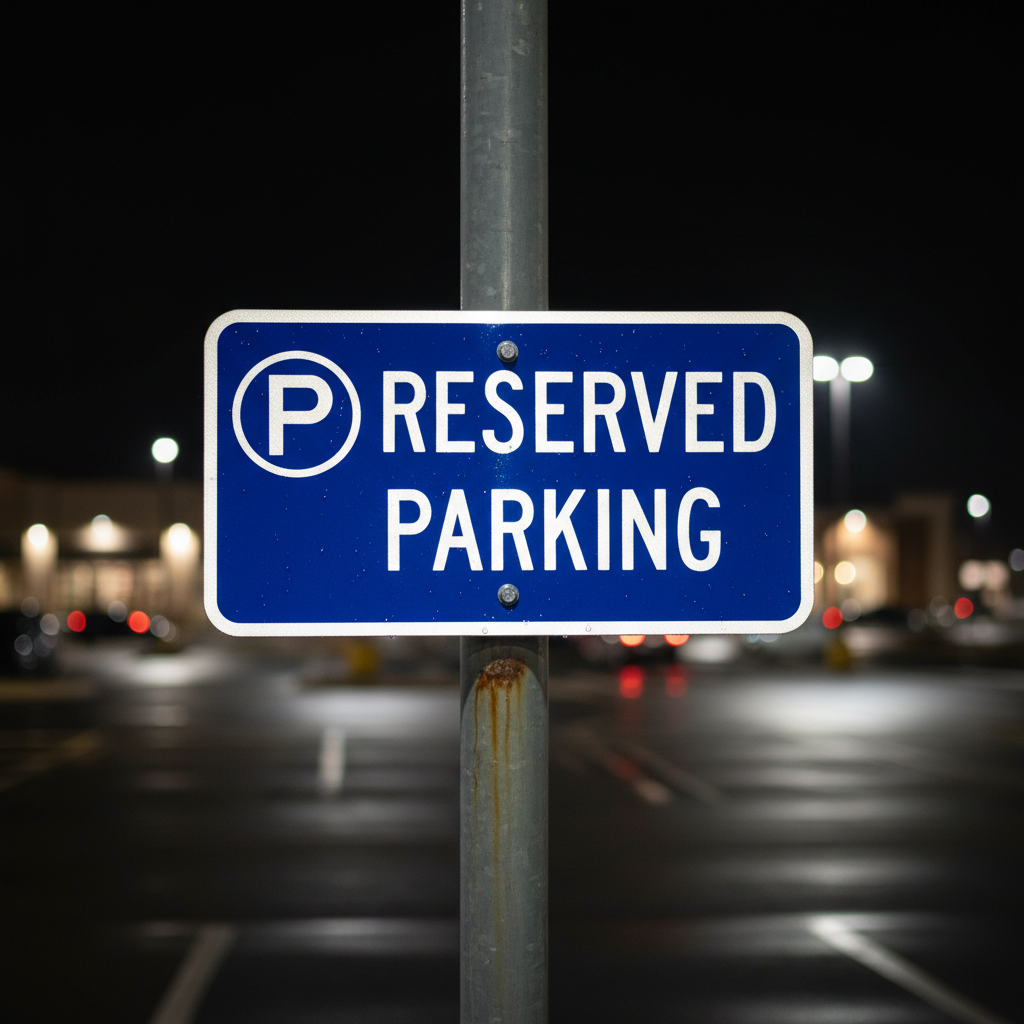 Reflective parking sign glowing at night high visibility