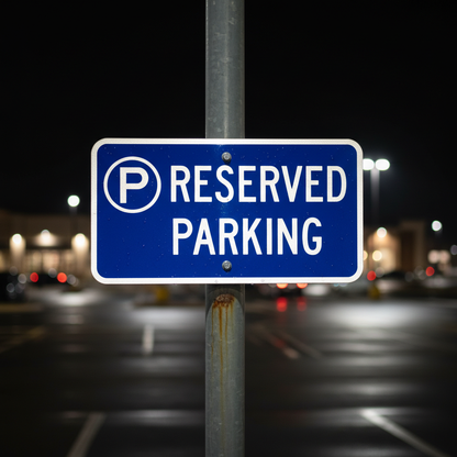 Reflective parking sign glowing at night high visibility
