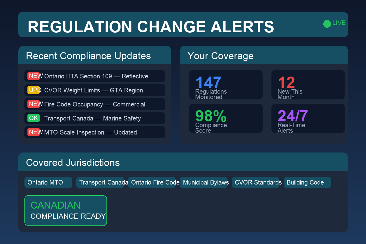 Regulation change alerts compliance dashboard showing real-time regulatory updates for Canadian businesses