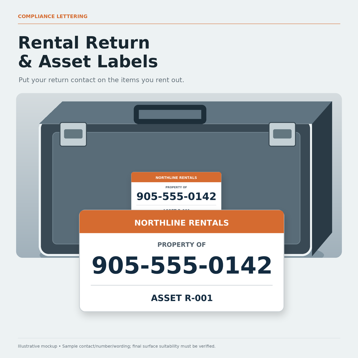 Illustrated rental return & asset labels with a close view of the sample return contact artwork.