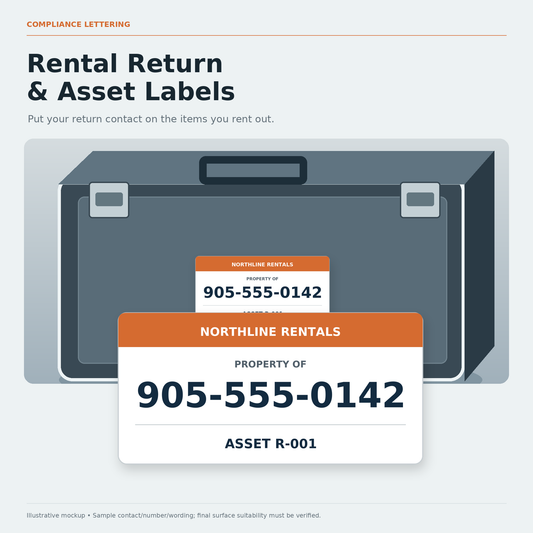 Illustrated rental return & asset labels with a close view of the sample return contact artwork.